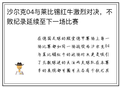 沙尔克04与莱比锡红牛激烈对决，不败纪录延续至下一场比赛